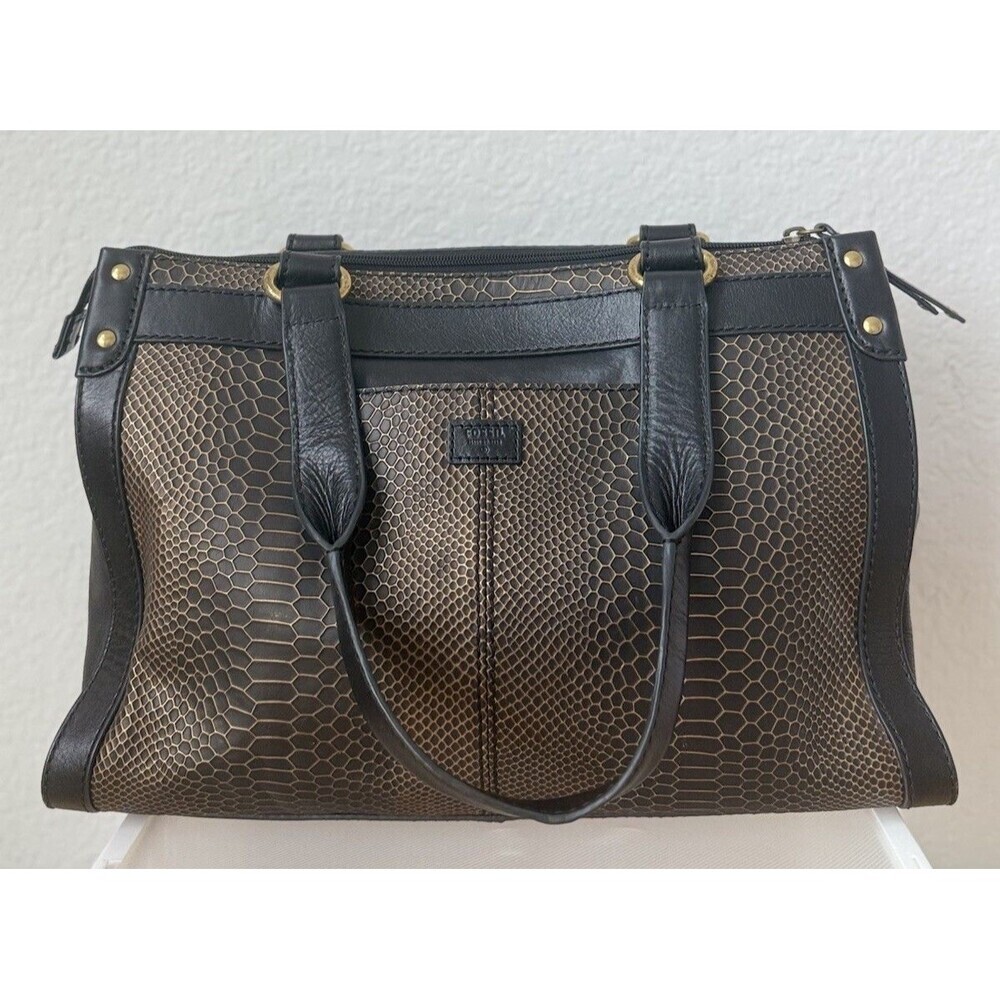 Fossil Vintage Legacy Black Snake Embossed Leather Satchel Bag EUC Everyday